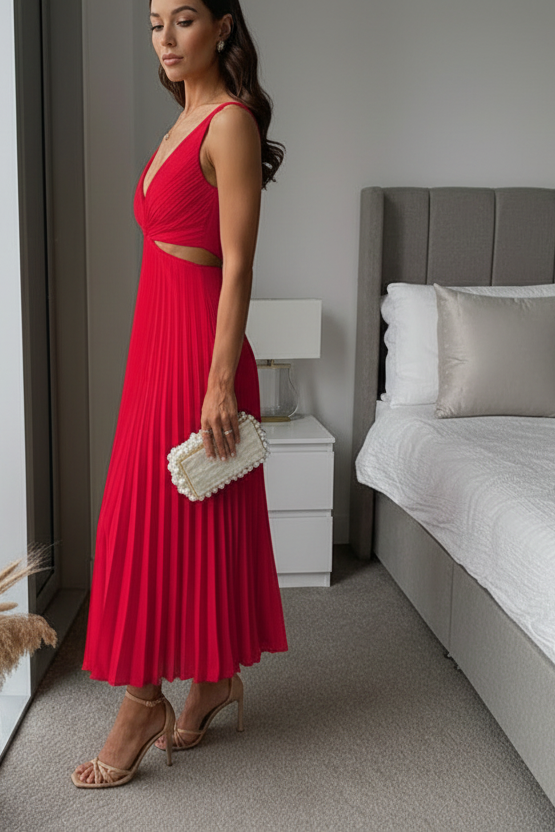 Damen Midikleid ohne Ärmel mit V-Ausschnitt und Taillenausschnitten-Midi Dress-Alpenkind