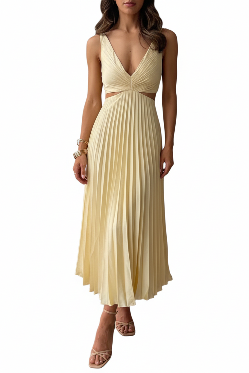 Damen Midikleid ohne Ärmel mit V-Ausschnitt und Taillenausschnitten-Midi Dress-Alpenkind