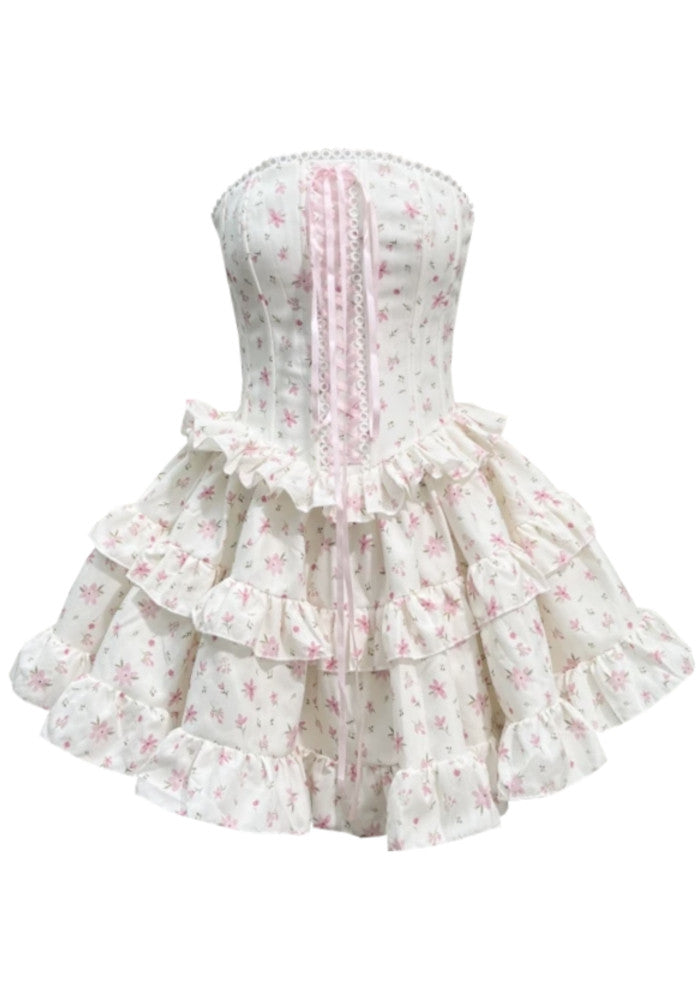 Damen Mini Kleid mit Bandeauausschnitt Rüschenrock in drei Lagen und Blumenmuster