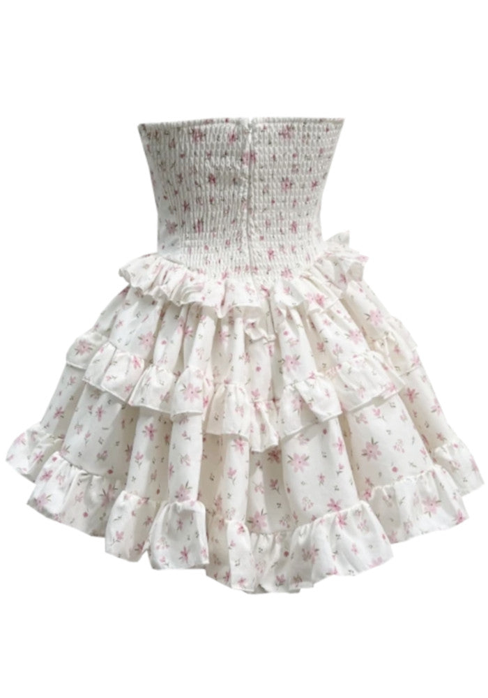 Damen Mini Kleid mit Bandeauausschnitt Rüschenrock in drei Lagen und Blumenmuster