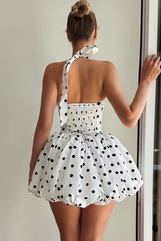 Damen Mini Kleid mit eckigem Ausschnitt Neckholder Trägern Tupfenmuster und Ballonrock Saum