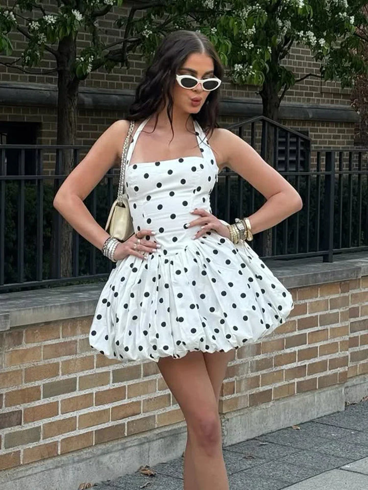 Damen Mini Kleid mit eckigem Ausschnitt Neckholder Trägern Tupfenmuster und Ballonrock Saum