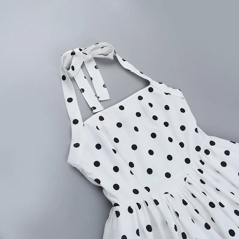 Damen Mini Kleid mit eckigem Ausschnitt Neckholder Trägern Tupfenmuster und Ballonrock Saum