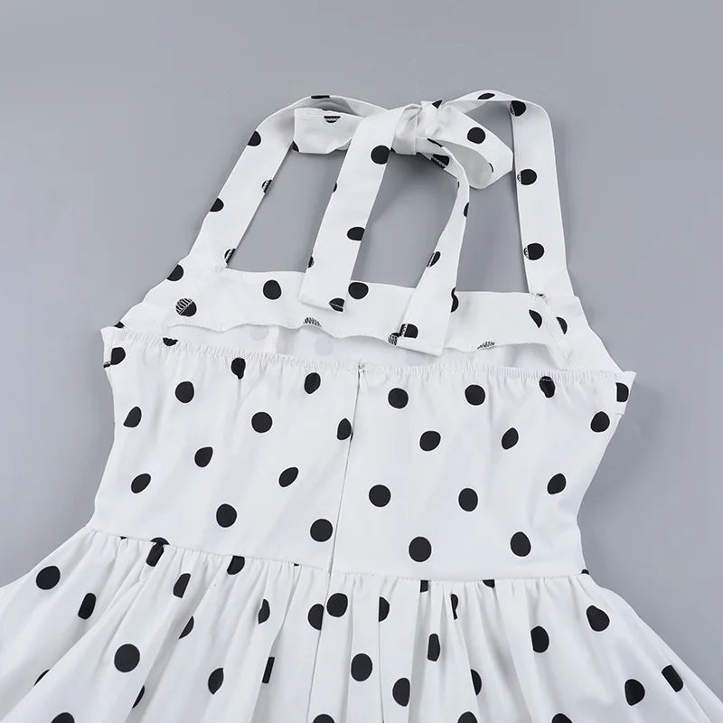 Damen Mini Kleid mit eckigem Ausschnitt Neckholder Trägern Tupfenmuster und Ballonrock Saum