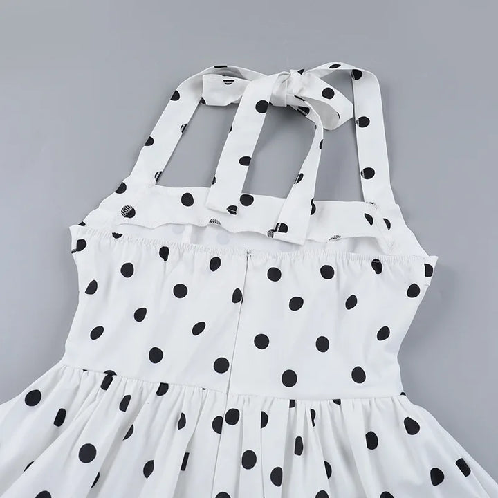 Damen Mini Kleid mit eckigem Ausschnitt Neckholder Trägern Tupfenmuster und Ballonrock Saum