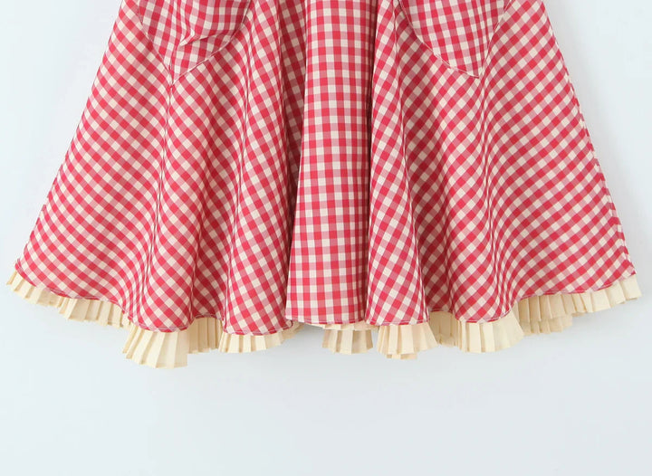 Damen Mini Kleid mit Herzausschnitt Neckholder Trägern Knopfleiste und Karomuster