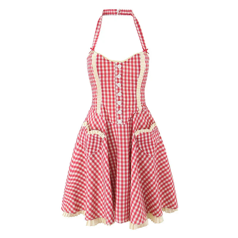 Damen Mini Kleid mit Herzausschnitt Neckholder Trägern Knopfleiste und Karomuster