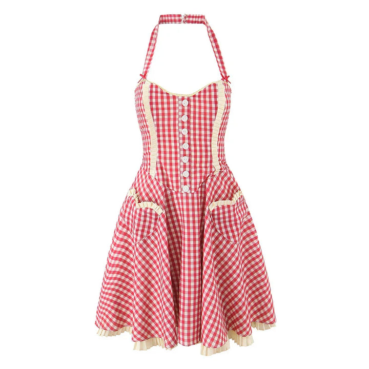Damen Mini Kleid mit Herzausschnitt Neckholder Trägern Knopfleiste und Karomuster