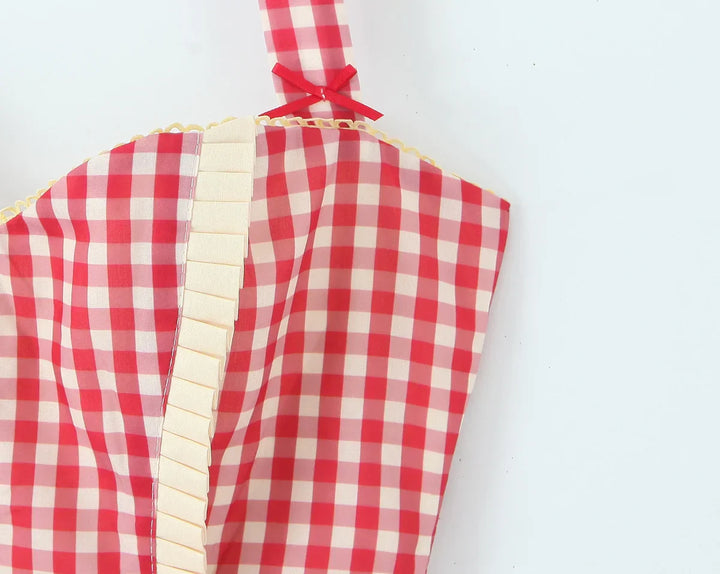 Damen Mini Kleid mit Herzausschnitt Neckholder Trägern Knopfleiste und Karomuster
