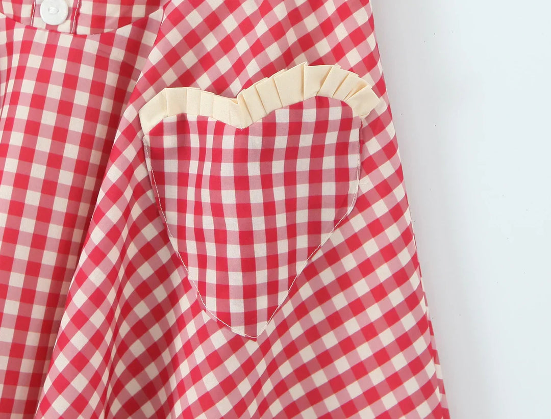Damen Mini Kleid mit Herzausschnitt Neckholder Trägern Knopfleiste und Karomuster