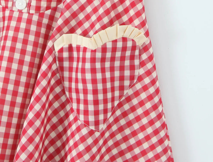 Damen Mini Kleid mit Herzausschnitt Neckholder Trägern Knopfleiste und Karomuster
