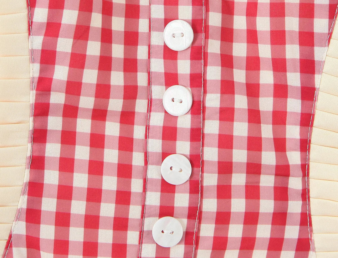 Damen Mini Kleid mit Herzausschnitt Neckholder Trägern Knopfleiste und Karomuster