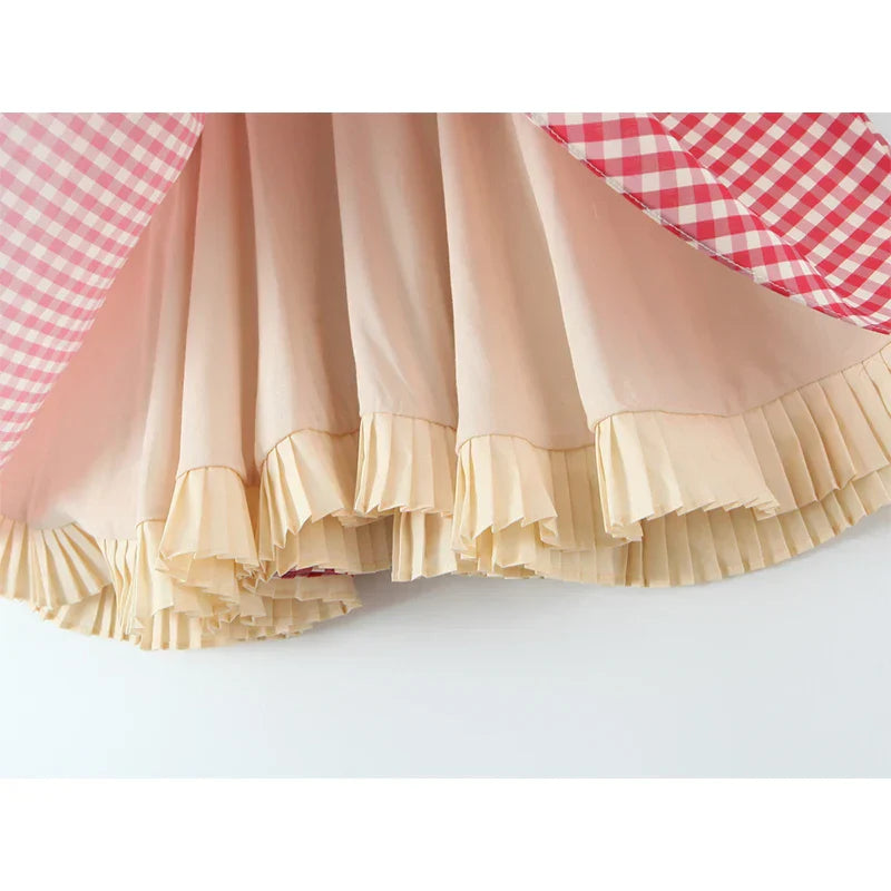 Damen Mini Kleid mit Herzausschnitt Neckholder Trägern Knopfleiste und Karomuster