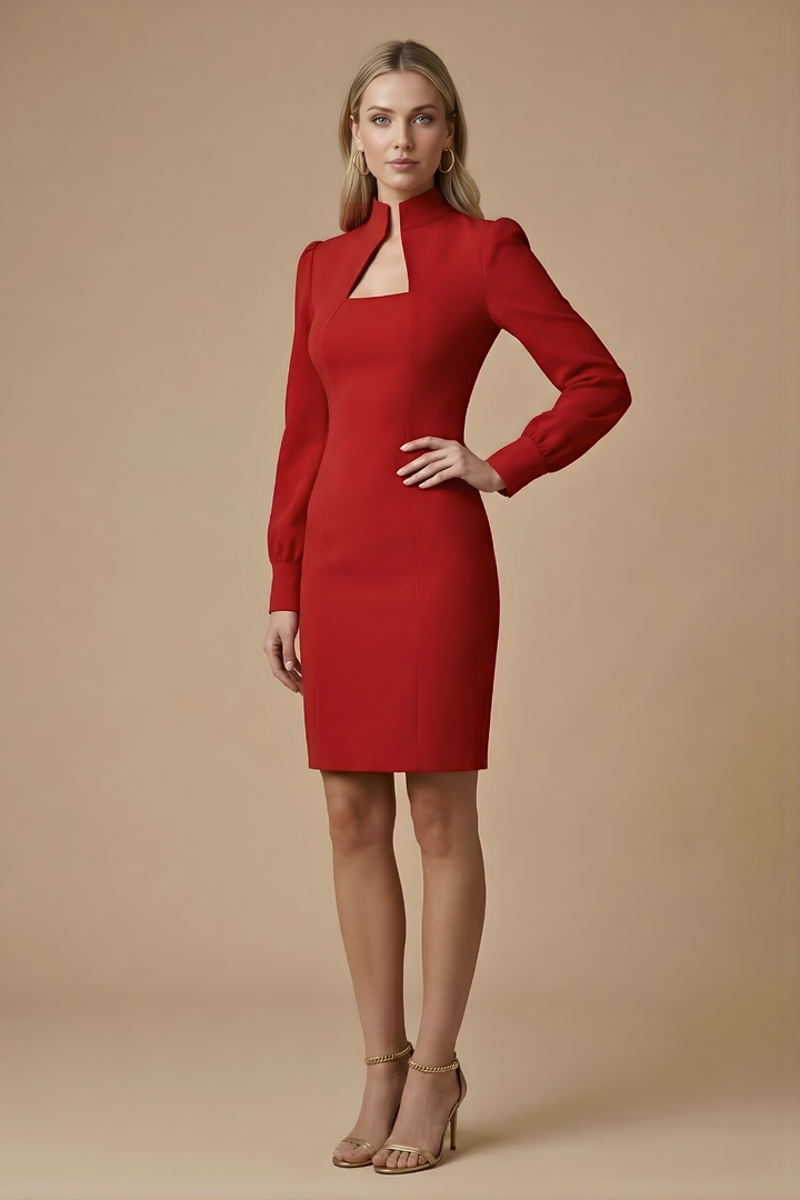Damen Mini Kleid mit langen Ärmeln, Stehkragen und Ausschnittdetail-Mini Dress-Alpenkind