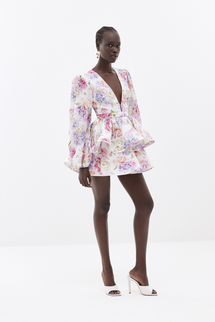 Damen Minikleid mit Blumenmuster tiefem V-Ausschnitt Ballonärmeln und Stufenrock