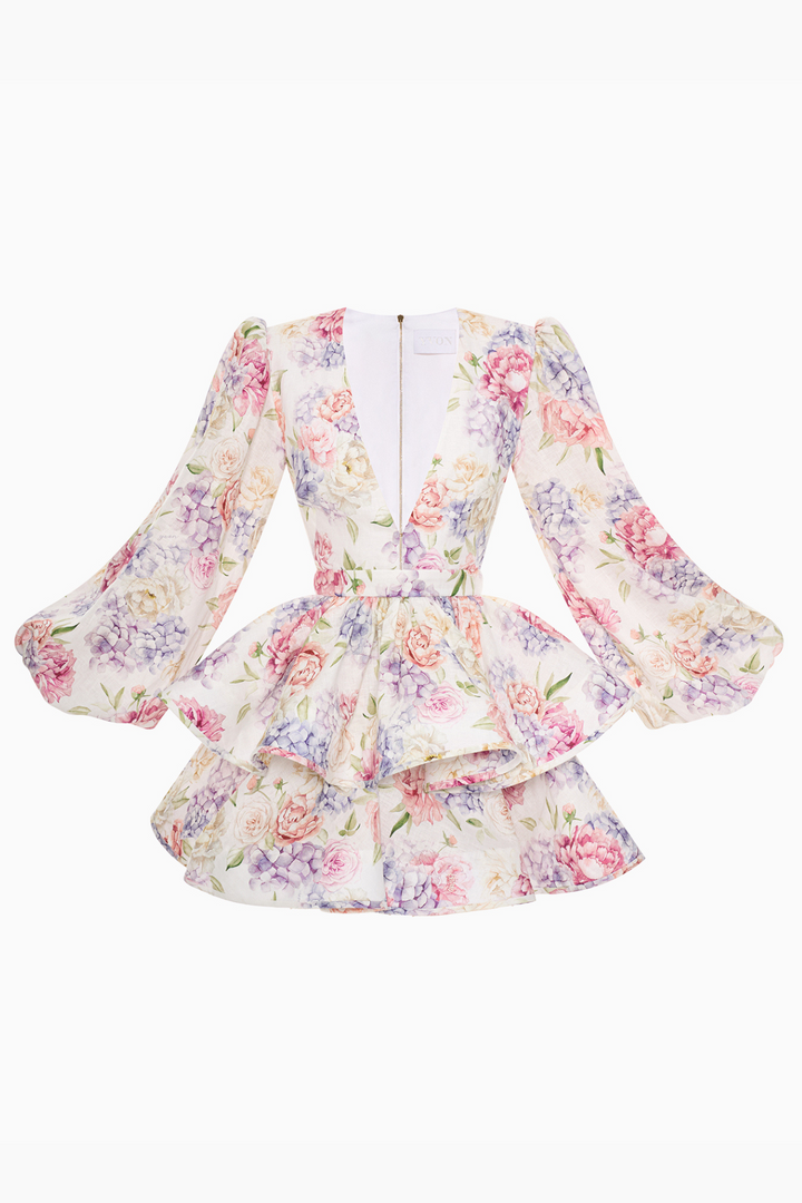 Damen Minikleid mit Blumenmuster tiefem V-Ausschnitt Ballonärmeln und Stufenrock