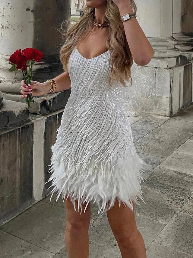 Damen Minikleid mit Fransen und Federbesatz-Mini Dress-Alpenkind