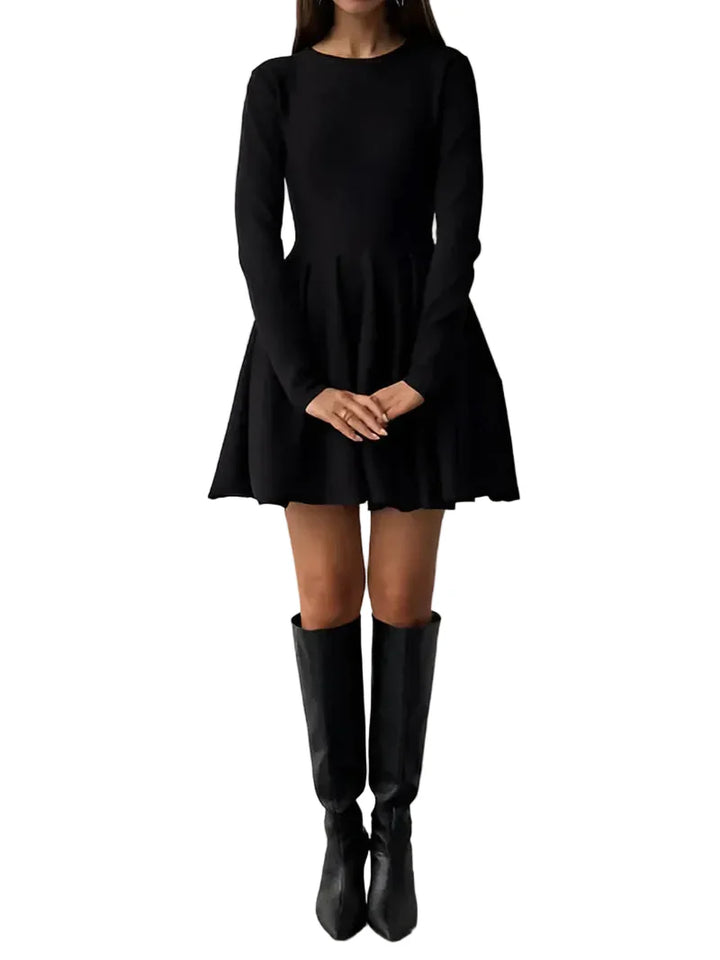 Damen Minikleid mit langen Ärmeln, Rundhalsausschnitt und ausgestelltem Rock-Mini Dress-Alpenkind
