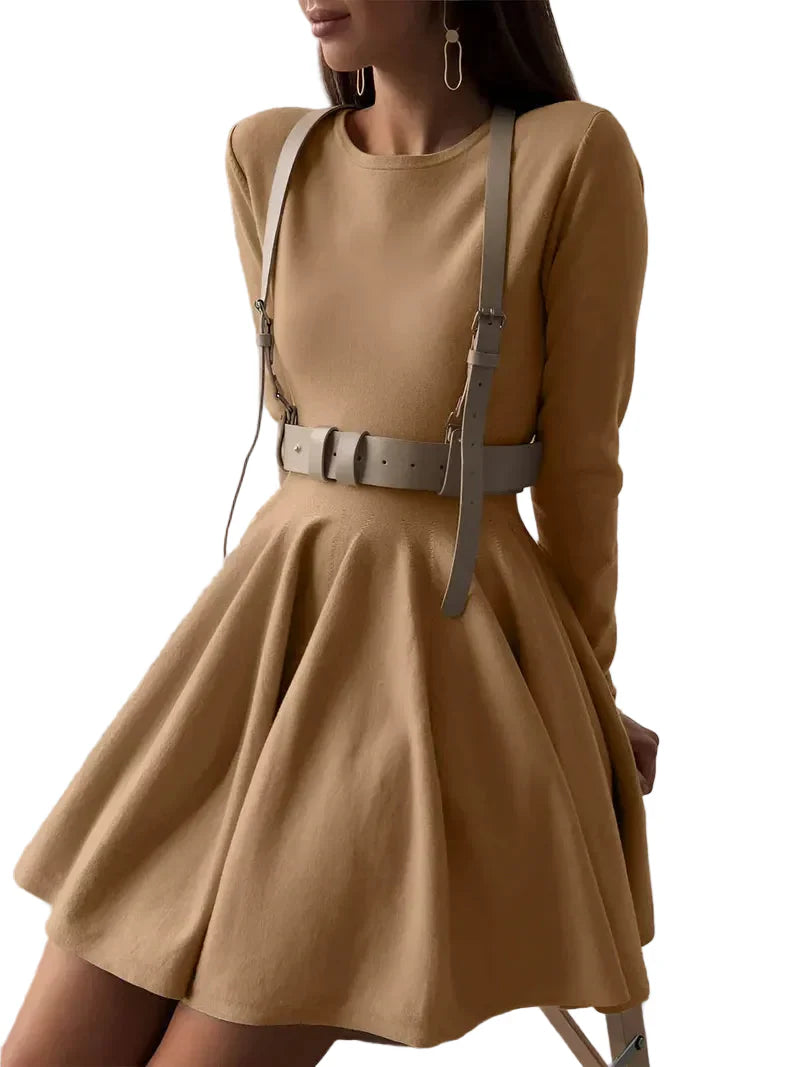 Damen Minikleid mit langen Ärmeln, Rundhalsausschnitt und ausgestelltem Rock-Mini Dress-Alpenkind