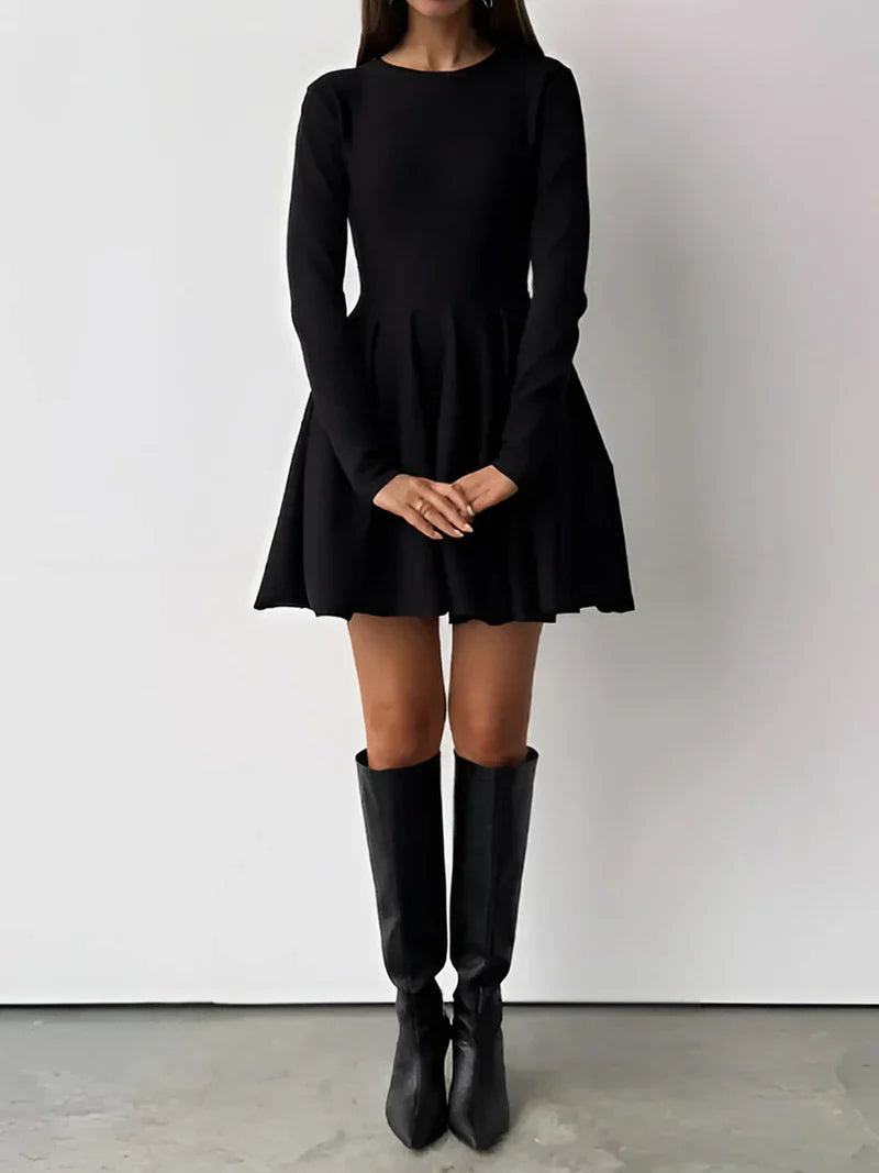 Damen Minikleid mit langen Ärmeln, Rundhalsausschnitt und ausgestelltem Rock-Mini Dress-Alpenkind