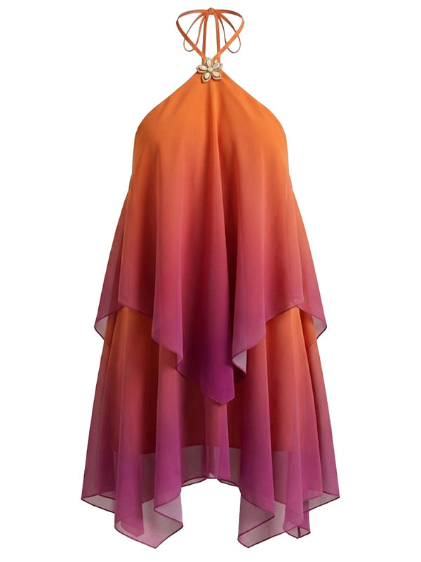 Damen Minikleid mit Neckholder Träger und Metallring und gestuften asymmetrischen Lagen