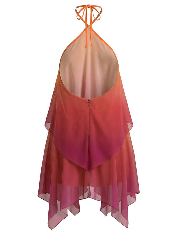 Damen Minikleid mit Neckholder Träger und Metallring und gestuften asymmetrischen Lagen
