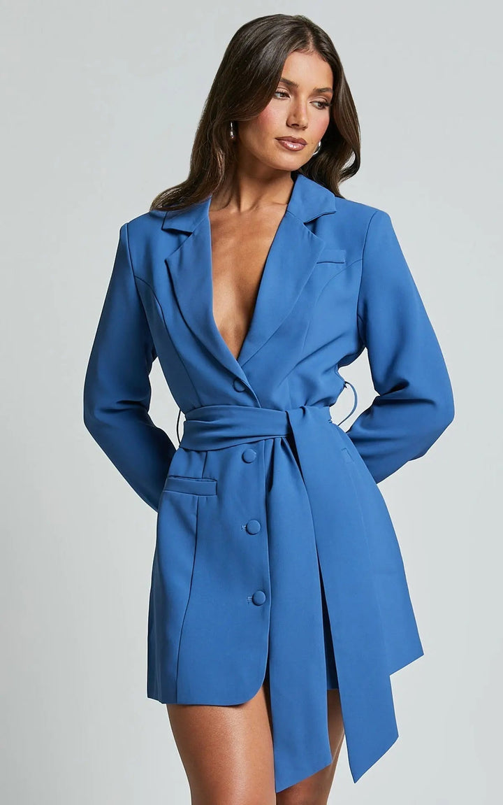 Damen Minikleid mit Reverskragen Langen Ärmeln Knopfverschluss und Bindegürtel