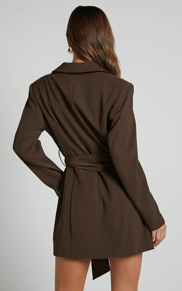 Damen Minikleid mit Reverskragen Langen Ärmeln Knopfverschluss und Bindegürtel