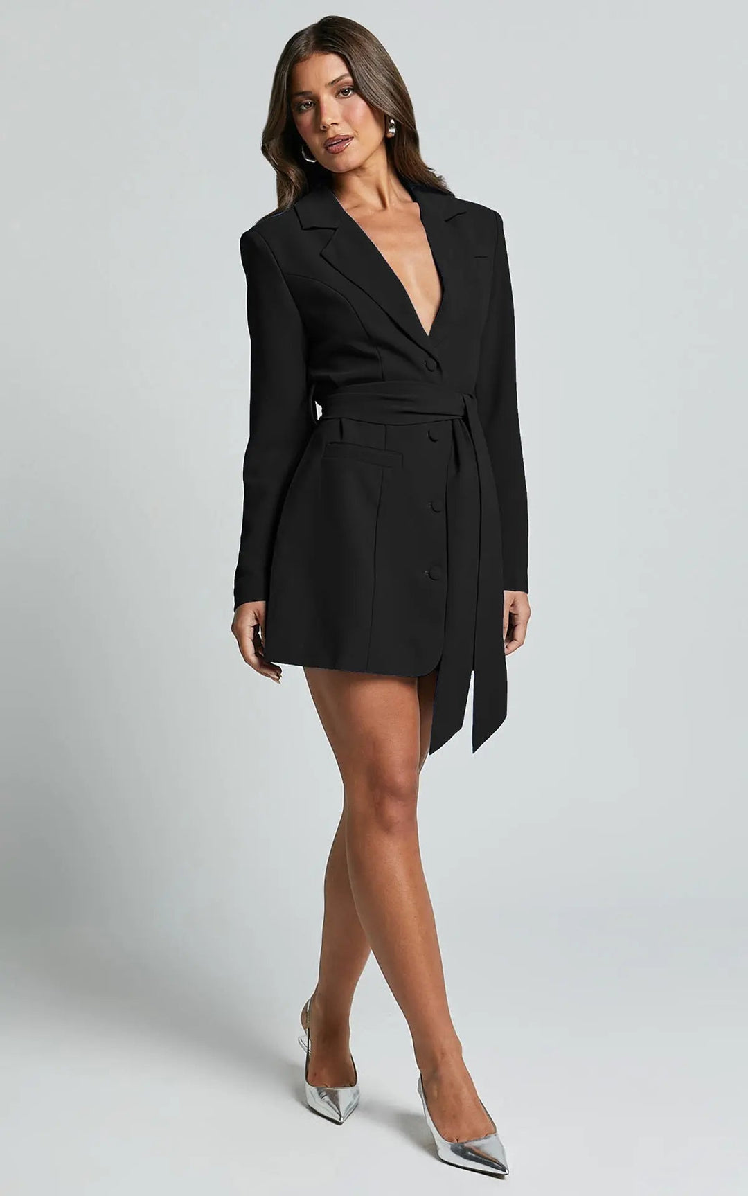 Damen Minikleid mit Reverskragen Langen Ärmeln Knopfverschluss und Bindegürtel