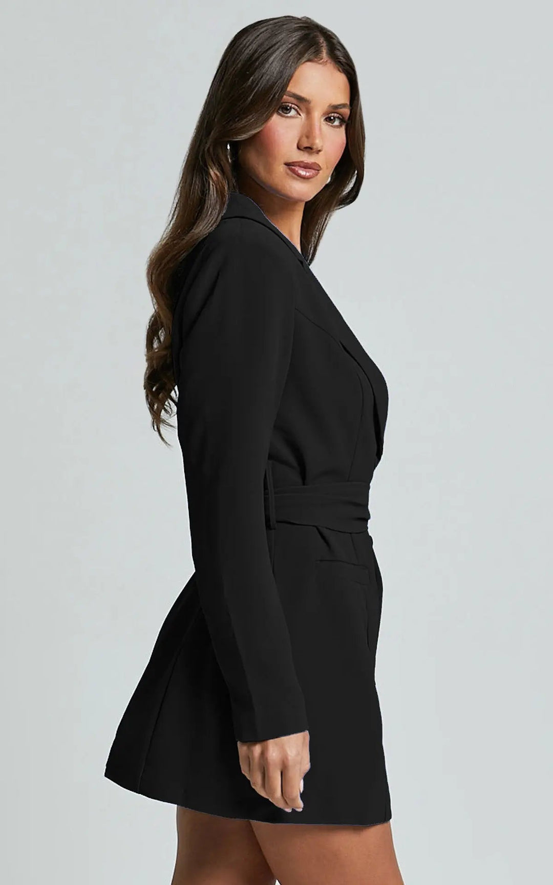 Damen Minikleid mit Reverskragen Langen Ärmeln Knopfverschluss und Bindegürtel