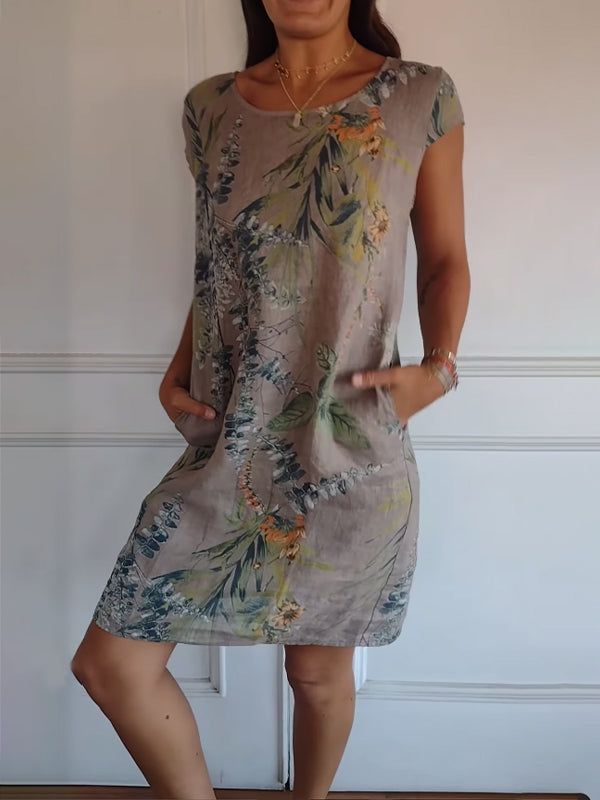 Damen Minikleid mit Rundhalsausschnitt Kurzen Kappenärmeln Seitentaschen und Geradem Saum