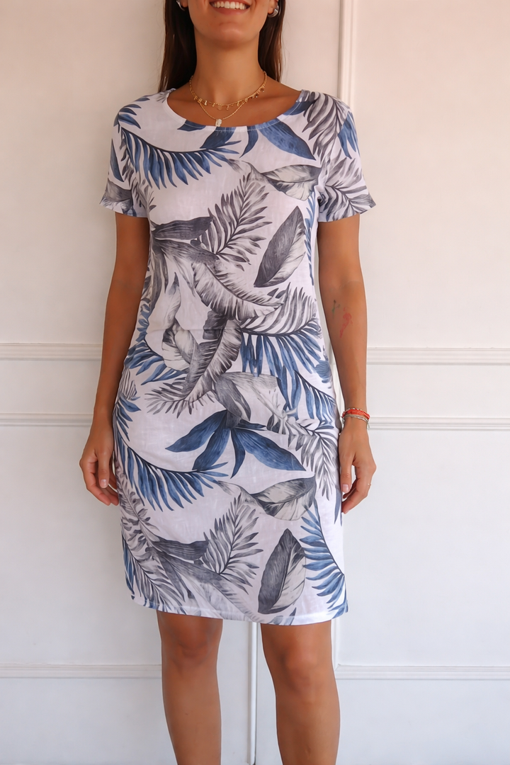 Damen Minikleid mit Rundhalsausschnitt Kurzen Kappenärmeln Seitentaschen und Geradem Saum