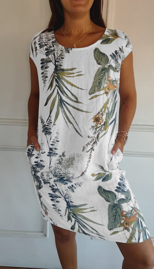 Damen Minikleid mit Rundhalsausschnitt Kurzen Kappenärmeln Seitentaschen und Geradem Saum