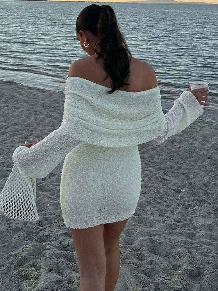Damen Minikleid mit Schulterfreiem Ausschnitt Langen Trompetenärmeln und Strukturierter Oberfläche