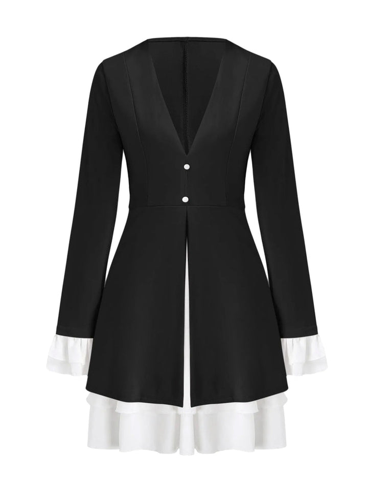Damen Minikleid mit tiefem V-Ausschnitt Reverskragen Rüschenärmeln und Rüschensaum