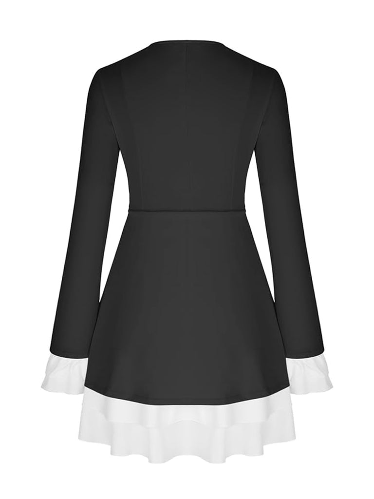 Damen Minikleid mit tiefem V-Ausschnitt Reverskragen Rüschenärmeln und Rüschensaum