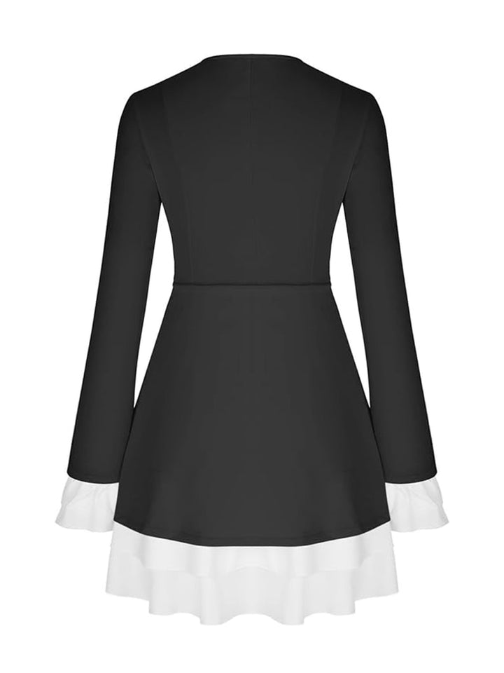 Damen Minikleid mit tiefem V-Ausschnitt Reverskragen Rüschenärmeln und Rüschensaum