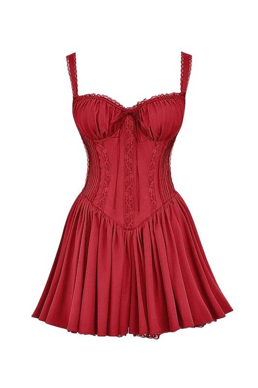 Damen Minikleid mit Trägern Herzförmiger Brustpartie Rüschenrand Schleife und Faltenrock