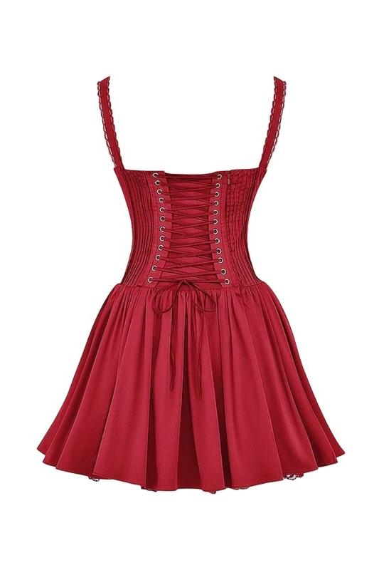Damen Minikleid mit Trägern Herzförmiger Brustpartie Rüschenrand Schleife und Faltenrock