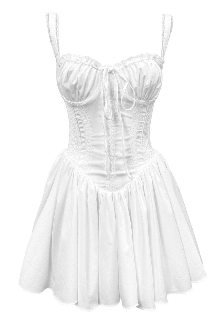 Damen Minikleid mit Trägern Herzförmiger Brustpartie Rüschenrand Schleife und Faltenrock