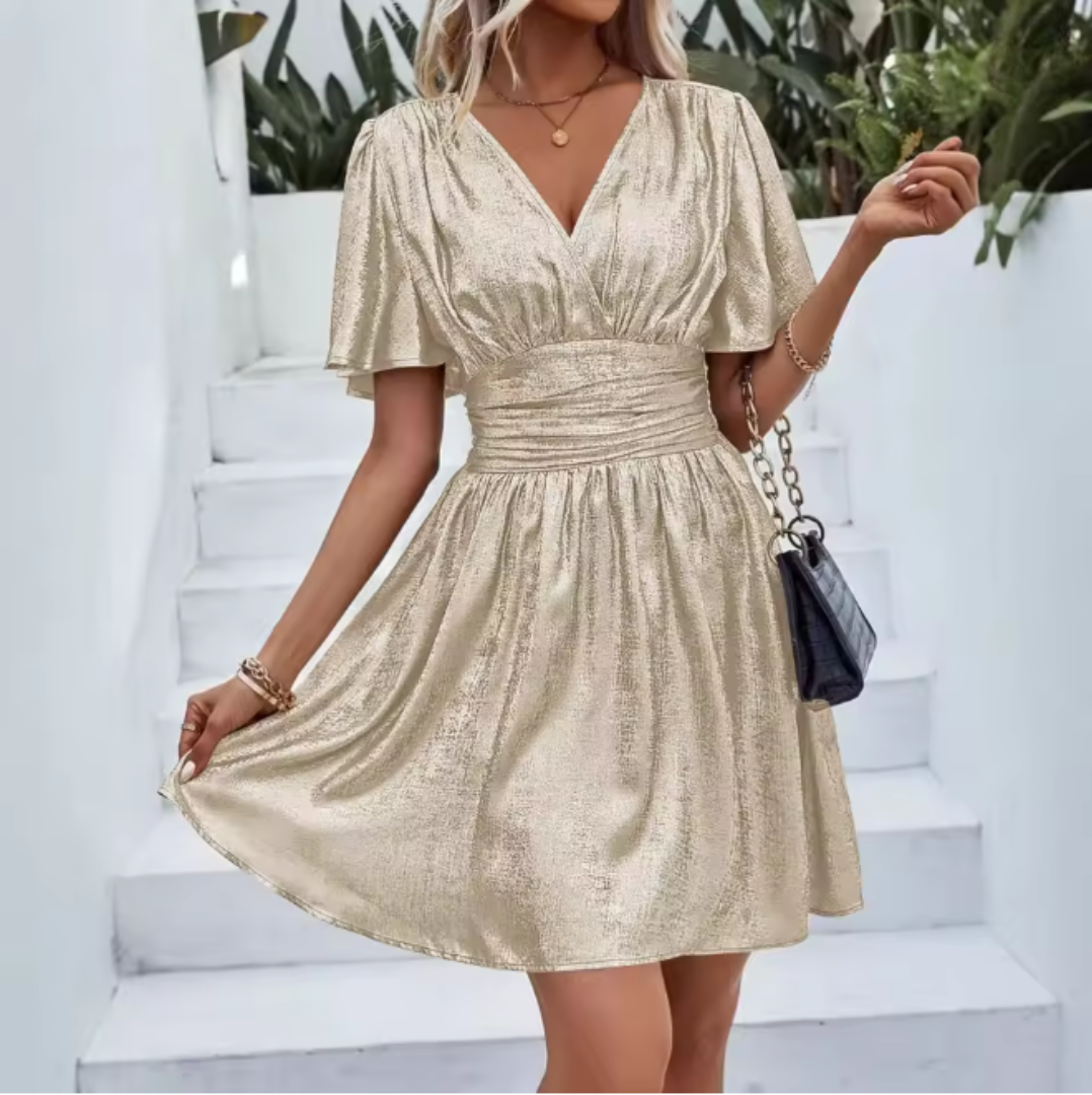 Damen Minikleid mit V-Ausschnitt Wickeloptik Flatterärmeln und Geraffter Taille