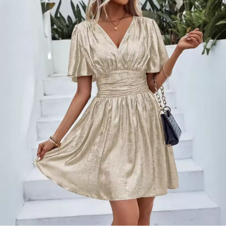 Damen Minikleid mit V-Ausschnitt Wickeloptik Flatterärmeln und Geraffter Taille