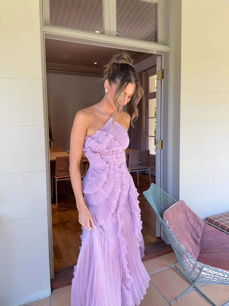 Damen Nackenträger-Midikleid mit Plissee und Vertikalem Rüschenbesatz