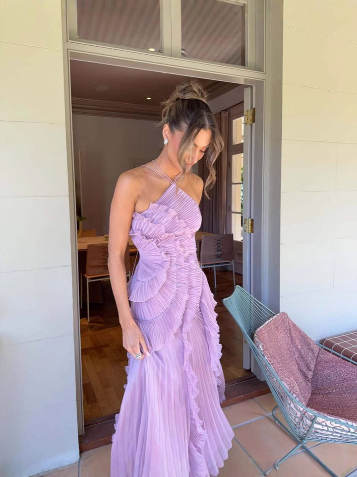 Damen Nackenträger-Midikleid mit Plissee und Vertikalem Rüschenbesatz