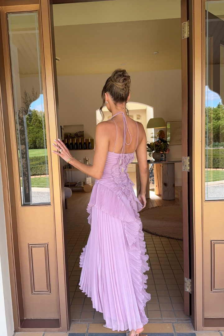 Damen Nackenträger-Midikleid mit Plissee und Vertikalem Rüschenbesatz