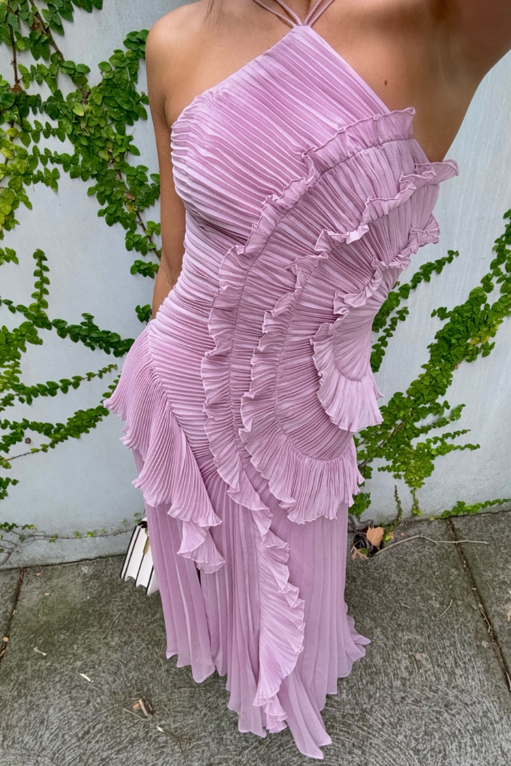 Damen Nackenträger-Midikleid mit Plissee und Vertikalem Rüschenbesatz
