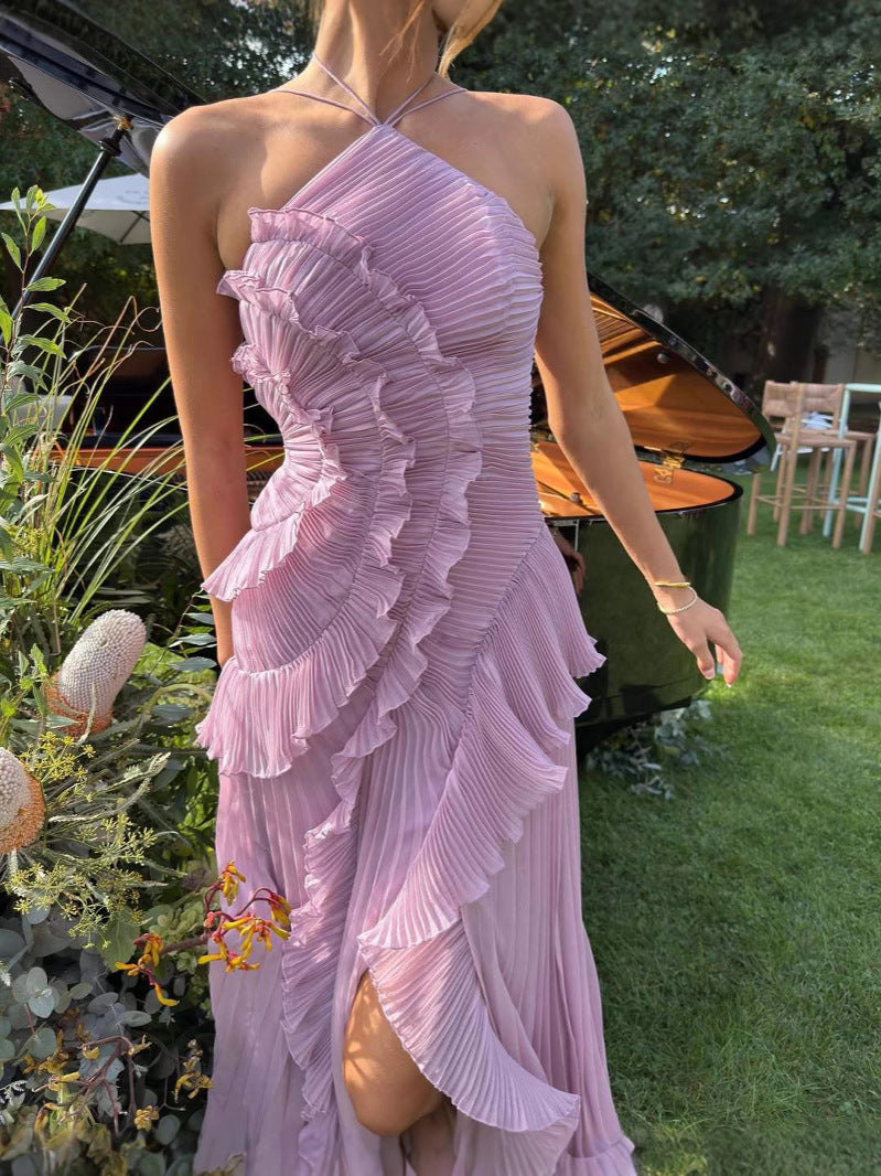 Damen Nackenträger-Midikleid mit Plissee und Vertikalem Rüschenbesatz