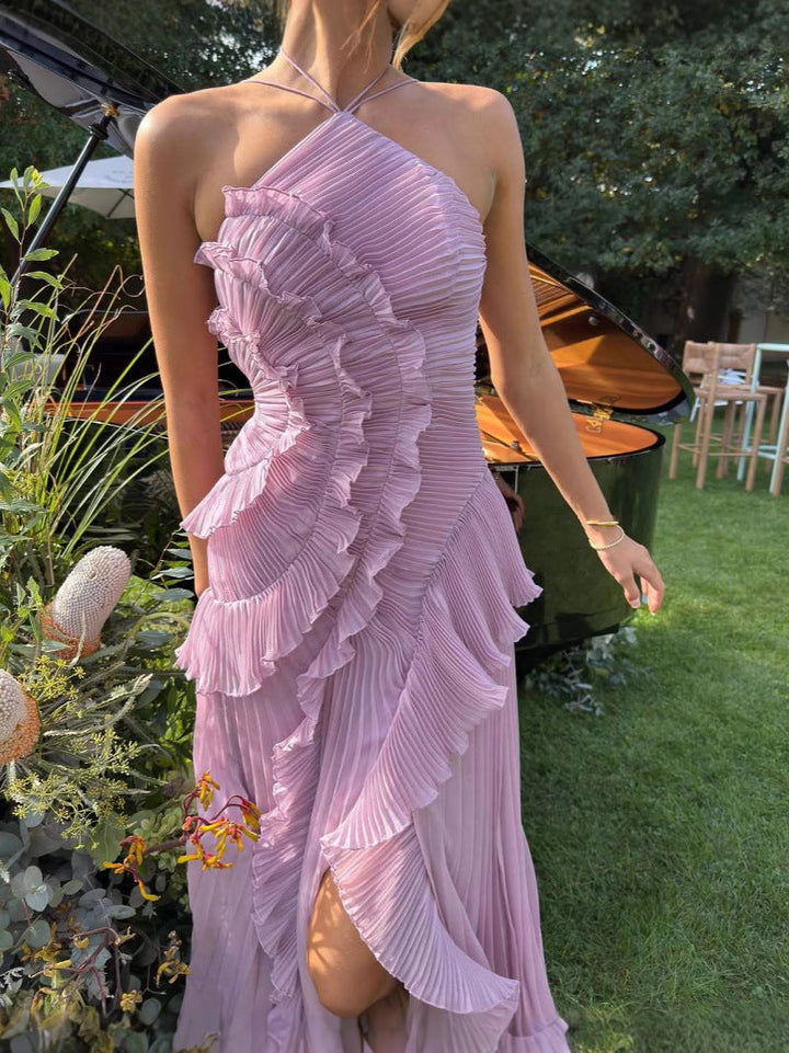 Damen Nackenträger-Midikleid mit Plissee und Vertikalem Rüschenbesatz