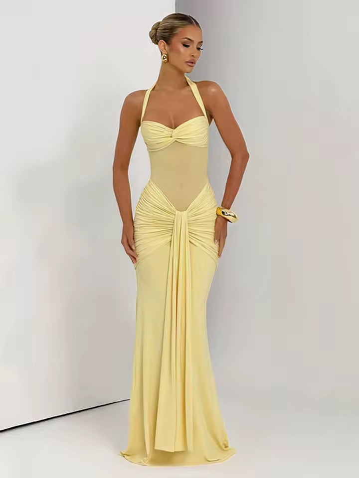 Damen Neckholder Maxikleid mit halbtransparentem Einsatz und Knotenpartie