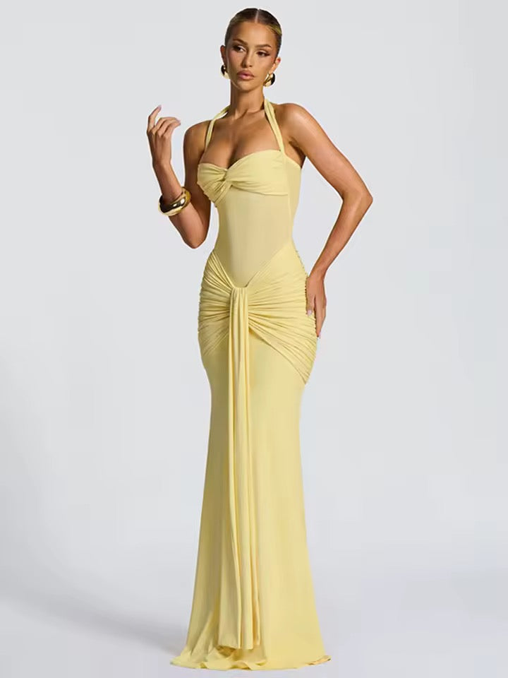 Damen Neckholder Maxikleid mit halbtransparentem Einsatz und Knotenpartie